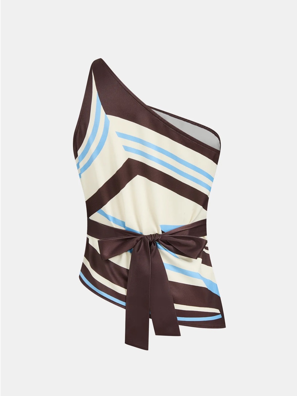 Commense One-Shoulder Striped Cream, Brown & Light Blue Jumpsuit - Picture 5 of 7